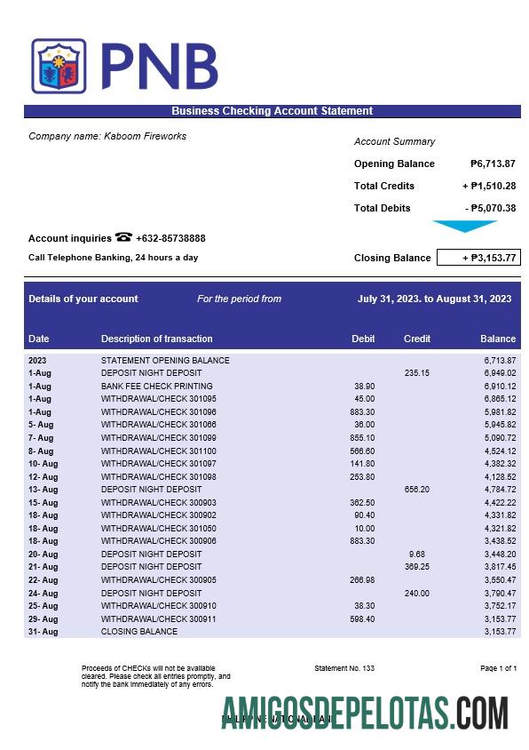 Realista Philippine National Bank Business Statement modelo Word e PDF